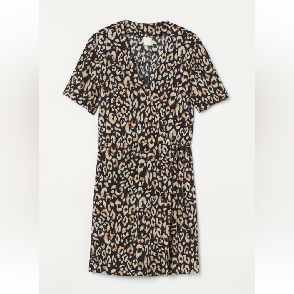 H&M Black & Leopard Print Short Sleeve Wrap Dress Sz S